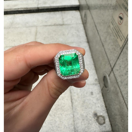 9.54 Carat Emerald Cut Colombian Emerald Round Diamond Mens Halo Ring-Time and Carat