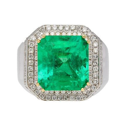 9.54 Carat Emerald Cut Colombian Emerald Round Diamond Mens Halo Ring-Time and Carat