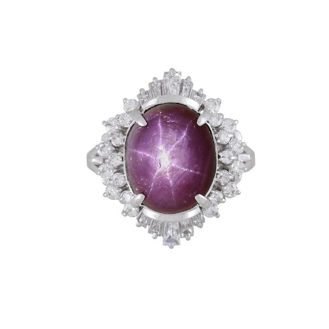 9.72 Carat Cabochon No Heat Purplish Red Star Ruby Mixed Cut Diamond Ballerina Ring Vintage Platinum-Time and Carat