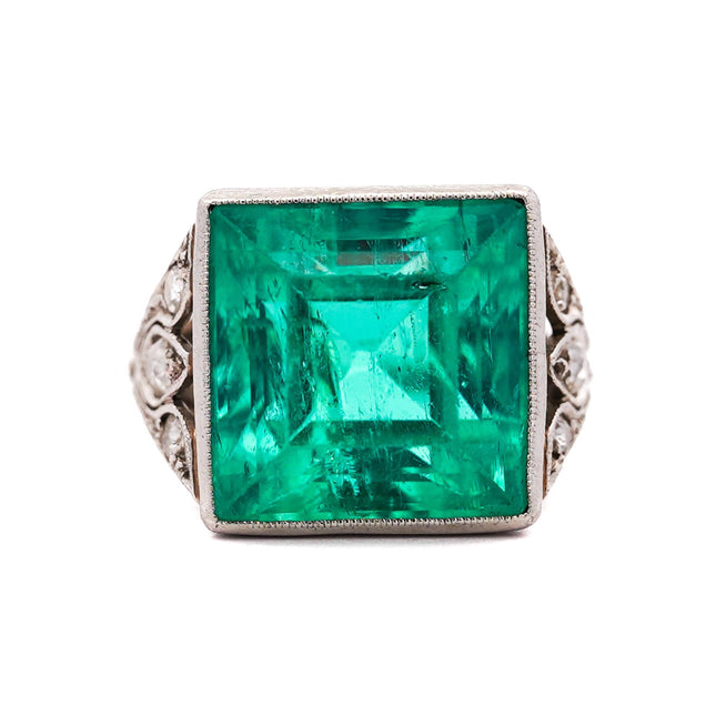AGL Cert. 12 Carat Colombian Emerald Art Deco Antique Platinum Ring-Time and Carat