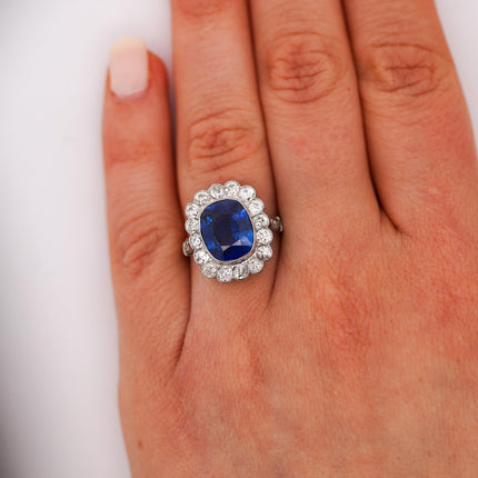 AGL Cert. 5 Carat Ceylon Blue Sapphire Art Deco Era Platinum Diamond Ring