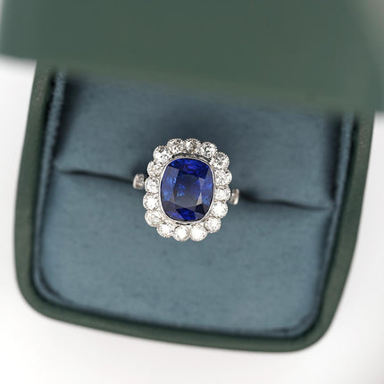 AGL Cert. 5 Carat Ceylon Blue Sapphire Art Deco Era Platinum Diamond Ring