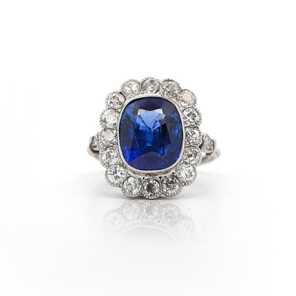 AGL Cert. 5 Carat Ceylon Blue Sapphire Art Deco Era Platinum Diamond Ring