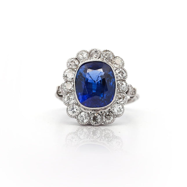 AGL Cert. 5 Carat Ceylon Blue Sapphire Art Deco Era Platinum Diamond Ring