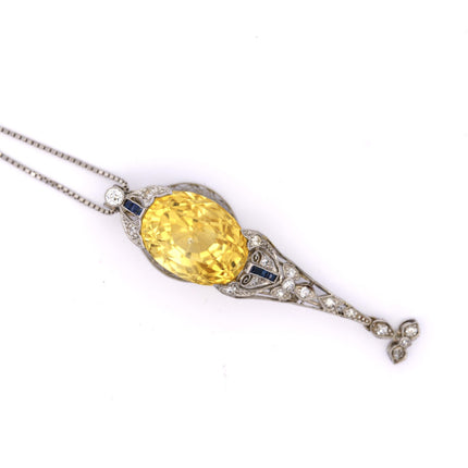 AGL Cert. Antique 20 Carat No Heat Ceylon Yellow Sapphire Art Deco Filigree Pendant