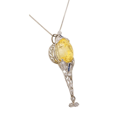 AGL Cert. Antique 20 Carat No Heat Ceylon Yellow Sapphire Art Deco Filigree Pendant
