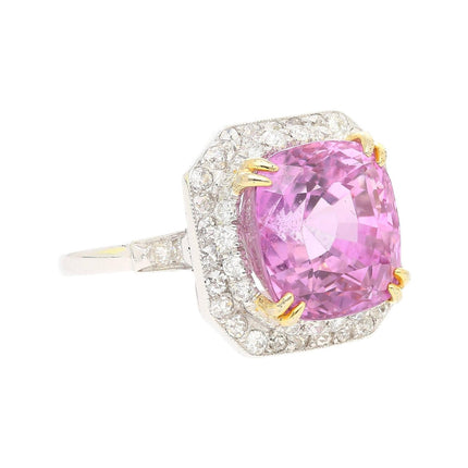 AGL Certified 10.88 Carat Cushion Cut Pink Sapphire & Diamond Halo Ring