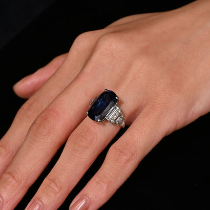 AGL Certified 13.81 Carat Ceylon No Heat Blue Sapphire Platinum Vintage Ring