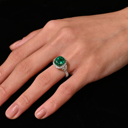 AGL Certified 3.52ct Cushion Colombian Emerald Half Moon Diamond Ring
