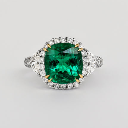 AGL Certified 3.52ct Cushion Colombian Emerald Half Moon Diamond Ring