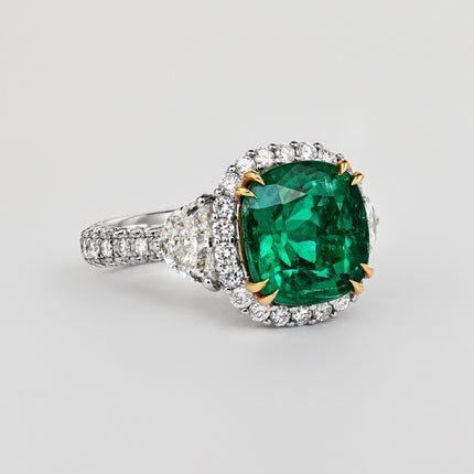 AGL Certified 3.52ct Cushion Colombian Emerald Half Moon Diamond Ring