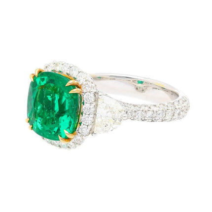 AGL Certified 3.52ct Cushion Colombian Emerald Half Moon Diamond Ring