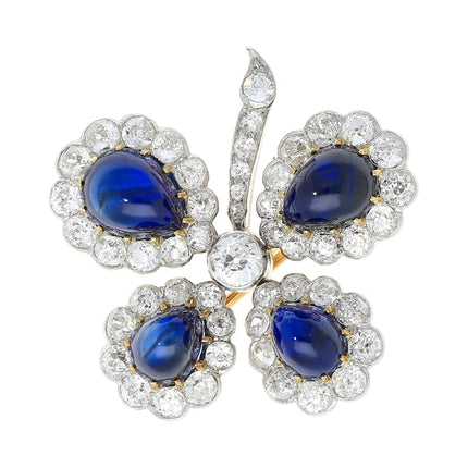 Antique 6 Carat Cabochon Blue Sapphire Diamond Floral Brooch Platinum Gold 1920s-Time and Carat