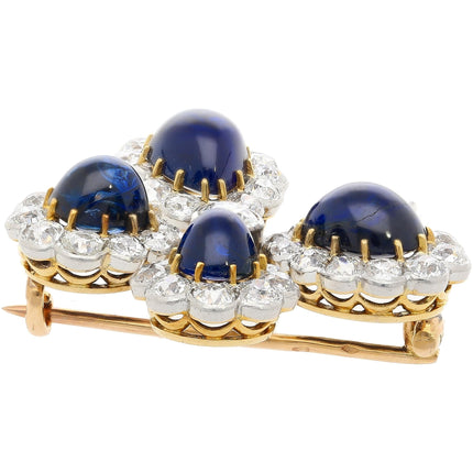 Antique 6 Carat Cabochon Blue Sapphire Diamond Floral Brooch Platinum Gold 1920s-Time and Carat