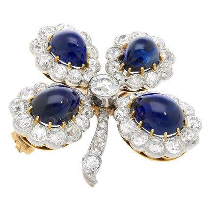 Antique 6 Carat Cabochon Blue Sapphire Diamond Floral Brooch Platinum Gold 1920s-Time and Carat