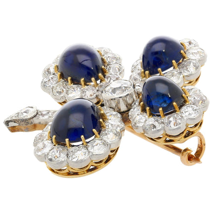 Antique 6 Carat Cabochon Blue Sapphire Diamond Floral Brooch Platinum Gold 1920s-Time and Carat