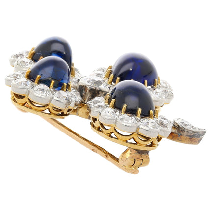 Antique 6 Carat Cabochon Blue Sapphire Diamond Floral Brooch Platinum Gold 1920s-Time and Carat