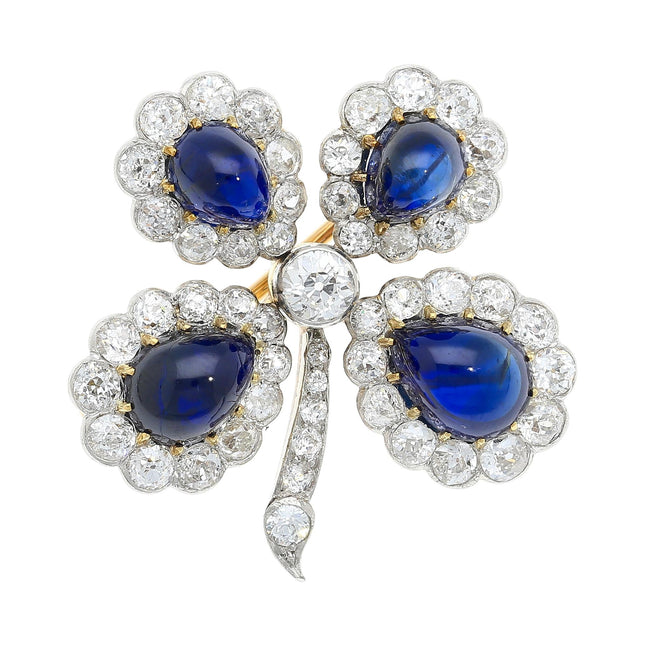 Antique 6 Carat Cabochon Blue Sapphire Diamond Floral Brooch Platinum Gold 1920s-Time and Carat