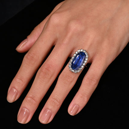 Antique Old Mine 11.3 Carat No Heat Burma Blue Sapphire & Diamond Halo Ring in Platinum