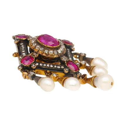 Antique Victorian No Heat Burma Ruby Pearl Old Cut Diamond Brooch Gold Silver-Time and Carat