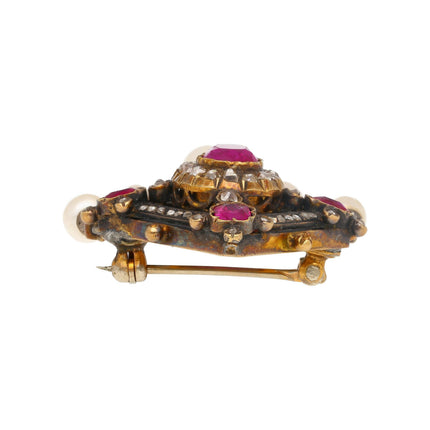 Antique Victorian No Heat Burma Ruby Pearl Old Cut Diamond Brooch Gold Silver-Time and Carat