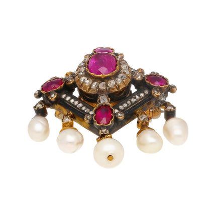 Antique Victorian No Heat Burma Ruby Pearl Old Cut Diamond Brooch Gold Silver-Time and Carat