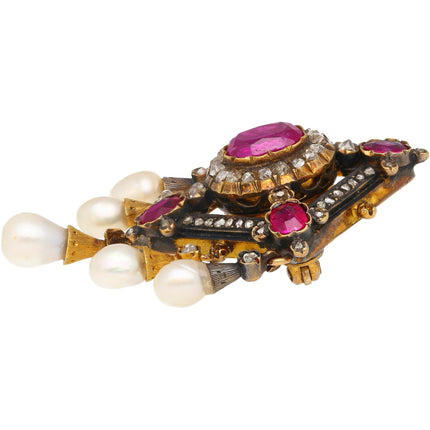 Antique Victorian No Heat Burma Ruby Pearl Old Cut Diamond Brooch Gold Silver-Time and Carat
