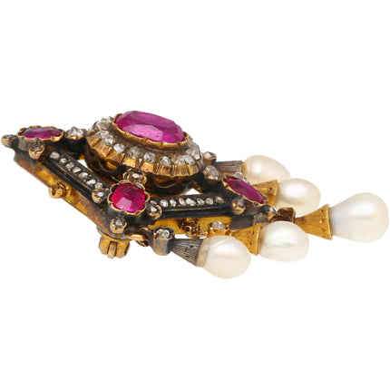 Antique Victorian No Heat Burma Ruby Pearl Old Cut Diamond Brooch Gold Silver-Time and Carat