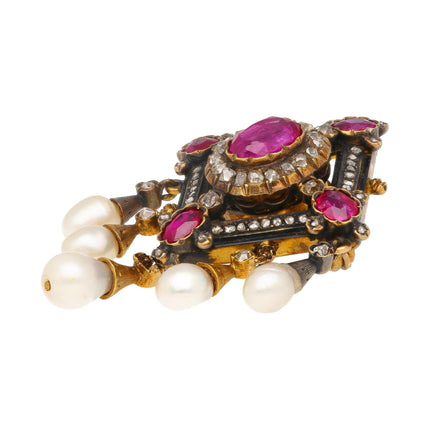 Antique Victorian No Heat Burma Ruby Pearl Old Cut Diamond Brooch Gold Silver-Time and Carat