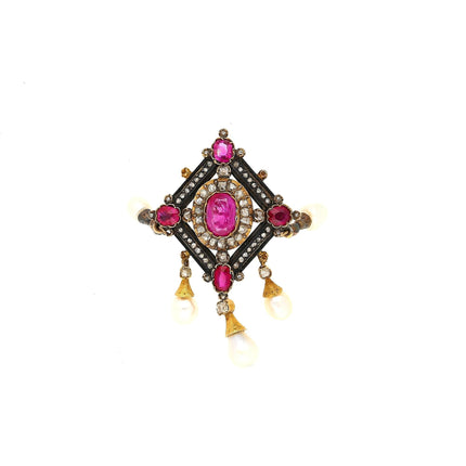 Antique Victorian No Heat Burma Ruby Pearl Old Cut Diamond Brooch Gold Silver-Time and Carat