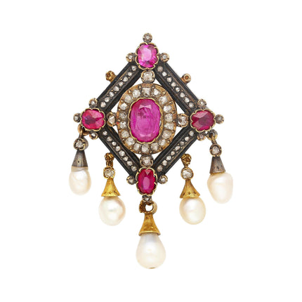 Antique Victorian No Heat Burma Ruby Pearl Old Cut Diamond Brooch Gold Silver-Time and Carat