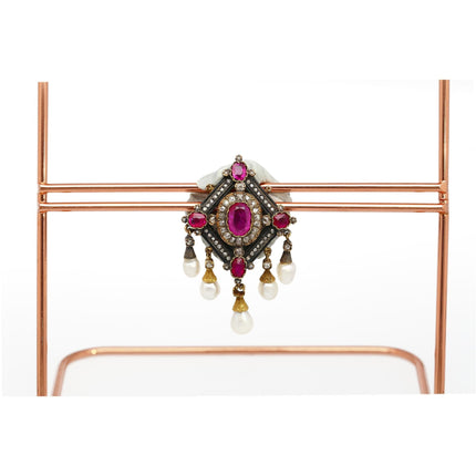 Antique Victorian Ruby, Pearl, Diamond Gold/Silver Brooch