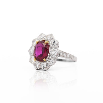 Art Deco 4.05 Carat Ruby and Old Euro Diamond Halo Platinum Ring - AGL Certified