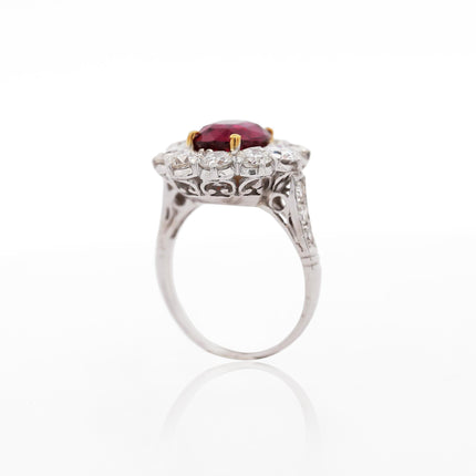 Art Deco 4.05 Carat Ruby and Old Euro Diamond Halo Platinum Ring - AGL Certified