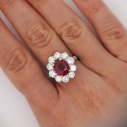 Art Deco 4.05 Carat Ruby and Old Euro Diamond Halo Platinum Ring - AGL Certified