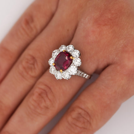 Art Deco 4.05 Carat Ruby and Old Euro Diamond Halo Platinum Ring - AGL Certified