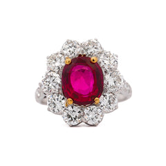 Art Deco 4.05 Carat Ruby and Old Euro Diamond Halo Platinum Ring - AGL Certified