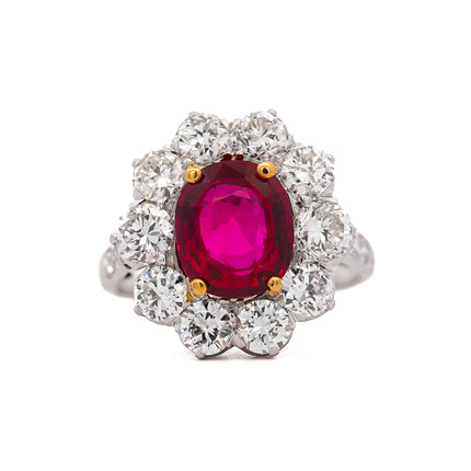 Art Deco 4.05 Carat Ruby and Old Euro Diamond Halo Platinum Ring - AGL Certified