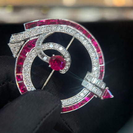 Art Deco No Heat Burma Ruby and Diamond Brooch