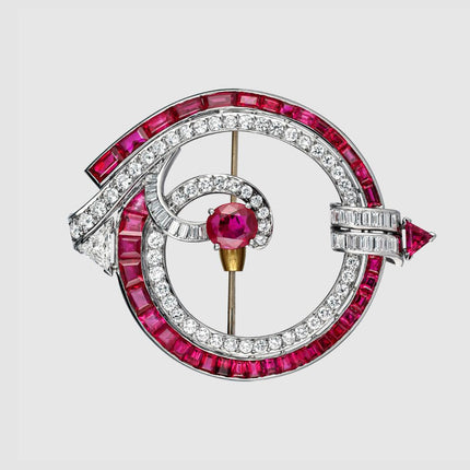 Art Deco No Heat Burma Ruby and Diamond Brooch