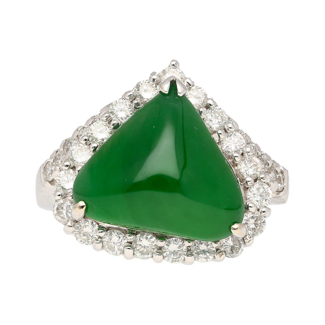 Cabochon Cut Kite Shaped Type A Jadeite Jade Diamond Halo Ring-Time and Carat