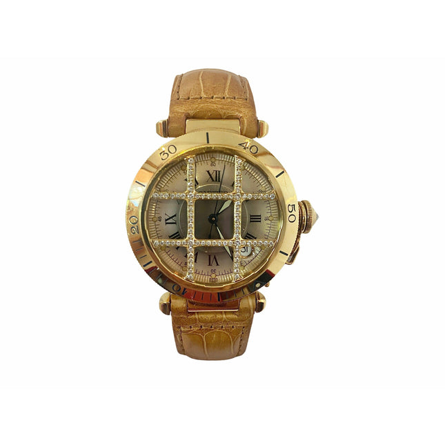 Cartier 36mm Pasha Men's Watch with Diamond Cage and Brown Leather Strap