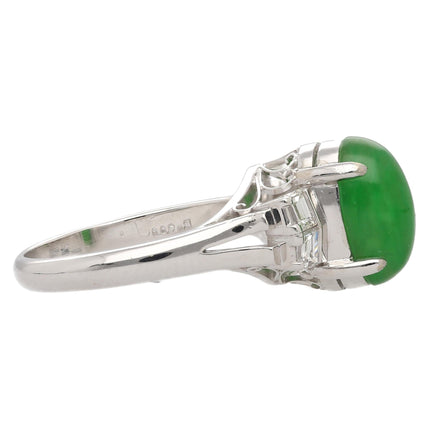 Certified 2.69 Carat Oval Bright Green Untreated A Jadeite Jade Platinum Ring