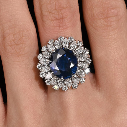 Certified 7.15 Carat Vivid Blue Sapphire & Diamond Sunburst Vintage French Ring