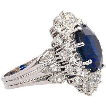 Certified 7.15 Carat Vivid Blue Sapphire & Diamond Sunburst Vintage French Ring