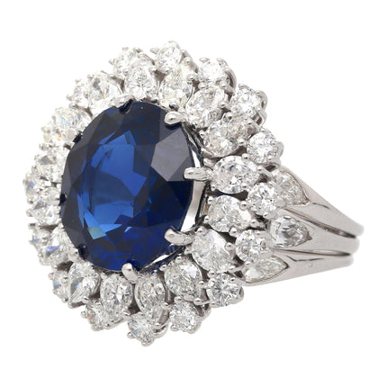 Certified 7.15 Carat Vivid Blue Sapphire & Diamond Sunburst Vintage French Ring