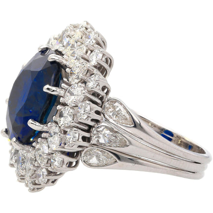 Certified 7.15 Carat Vivid Blue Sapphire & Diamond Sunburst Vintage French Ring