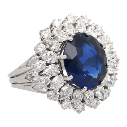 Certified 7.15 Carat Vivid Blue Sapphire & Diamond Sunburst Vintage French Ring