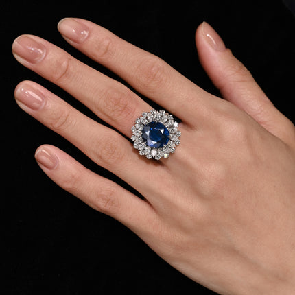Certified 7.15 Carat Vivid Blue Sapphire & Diamond Sunburst Vintage French Ring