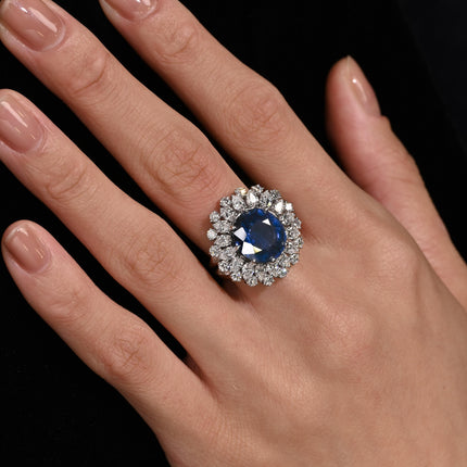 Certified 7.15 Carat Vivid Blue Sapphire & Diamond Sunburst Vintage French Ring
